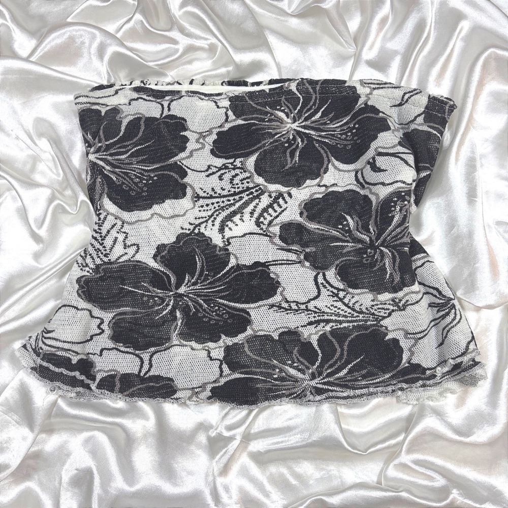 y2k Tube Top Black White Excellent Free People Hibiscus Floral Mesh Smocked L
